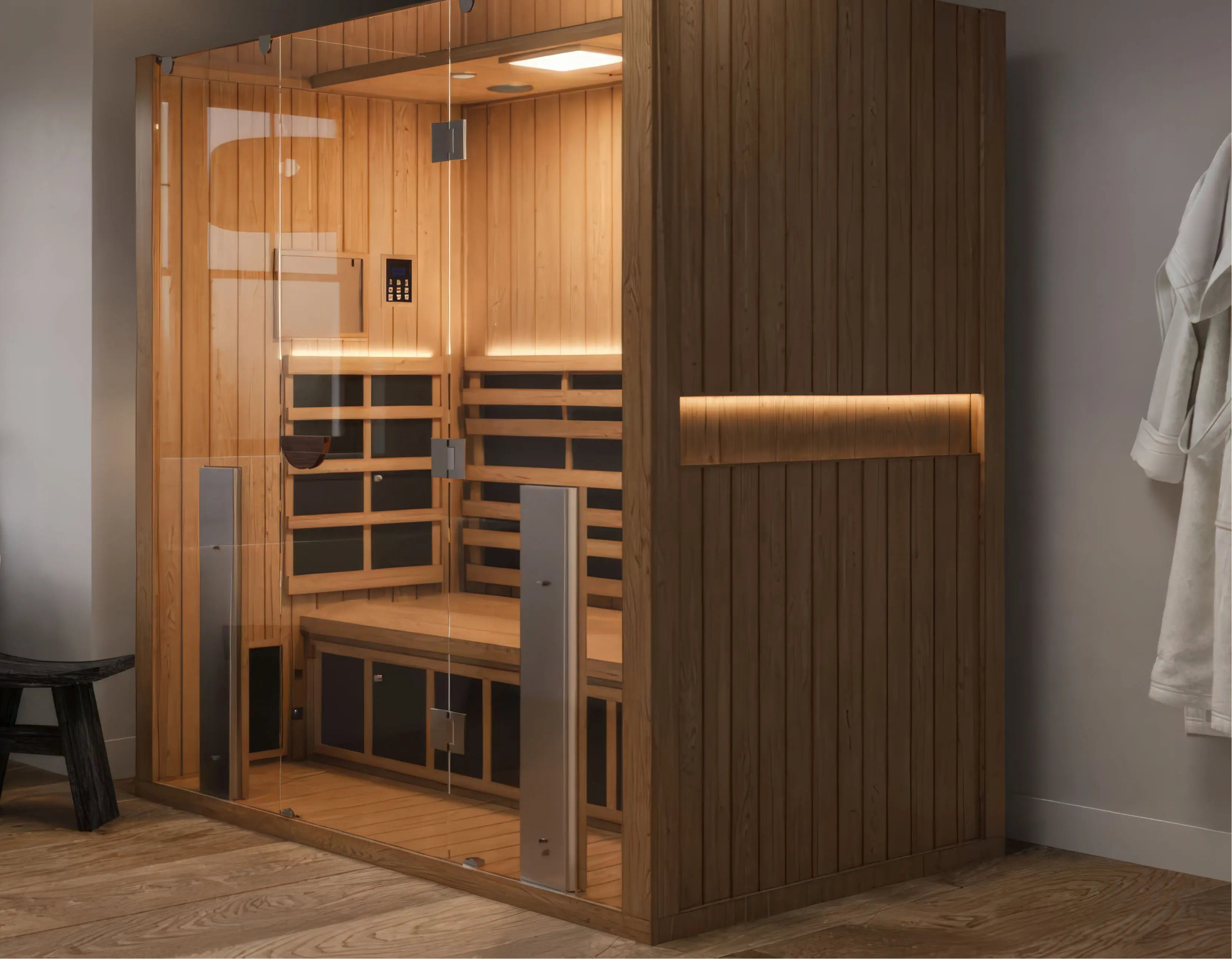Wooden sauna room with interior design elements in a bathroom setting